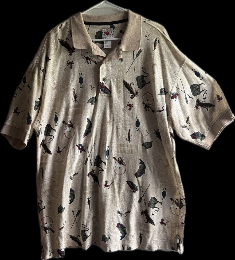 Cotton Traders Polo Shirt Men's 1X XL Beige Fly Fishing Lures Fish Golf Top
